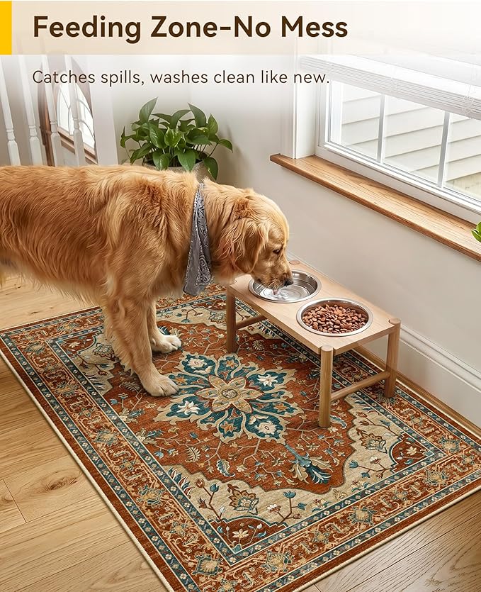 RELEANY Area Rugs Small 2'x3' Washable Non-Slip, Floral Vintage Distress Medallion Carpet for Kitchen Entryway Bathroom, Red Orange Blue Brown