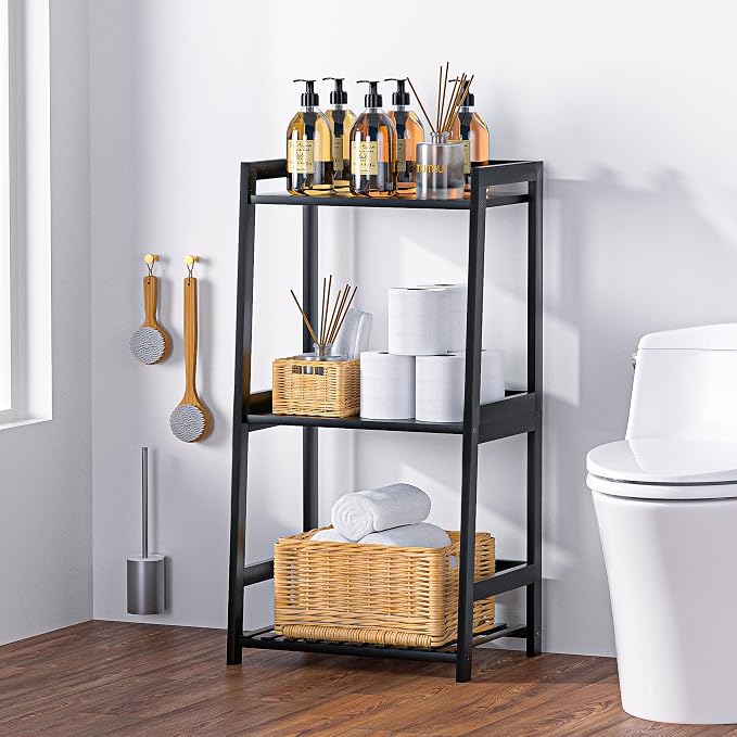 POXAKA 3 Tier Bamboo Bathroom Shelves, Ladder Shelf for Storage, Rustic Home Organizer, Space-Saving Design, Stylish Display Nightstand, Stylish Storage Solution for Home, Living Room, Kitchen