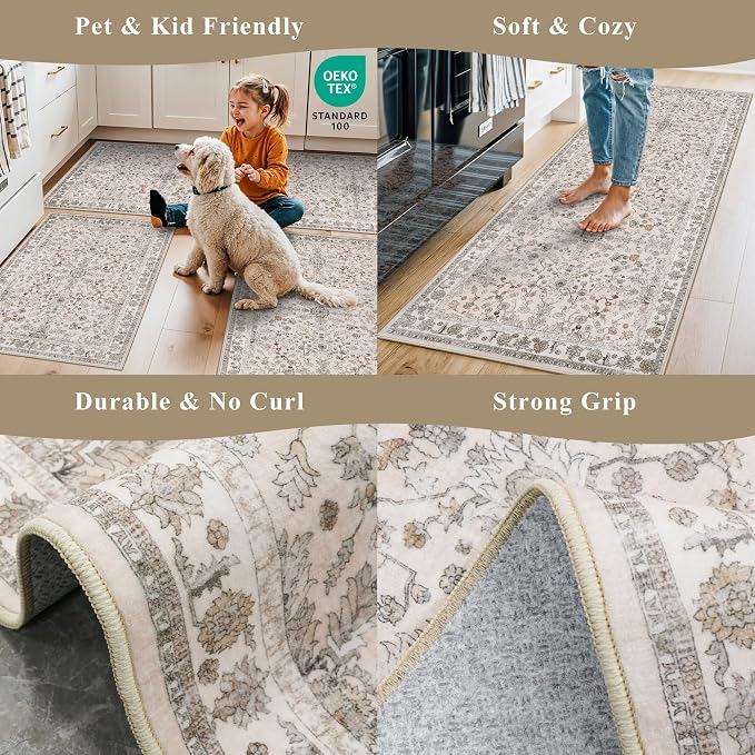 5x5 Square Washable Rug for Living Room: Non Slip Indoor Entryway Foot Carpet for Kitchen, Boho Soft Beige 5ftx5ft Low Pile Neutral Area Rug for Dining Room Bathroom (Beige, 5x5)