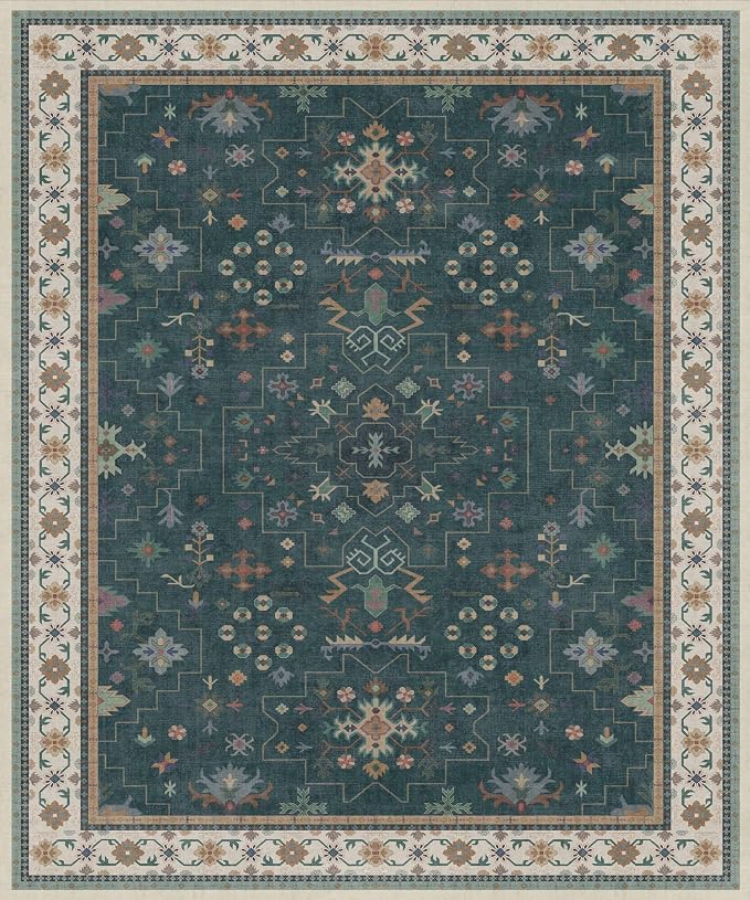 Hazo Haus Dark Green Oushak Living Room Rug 10x12 - Modern Vintage Boho Eclectic Floral Pastel, Washable Low Pile Non-Slip Extra Large Area Rugs for Dining Under Table Bedroom Lounge