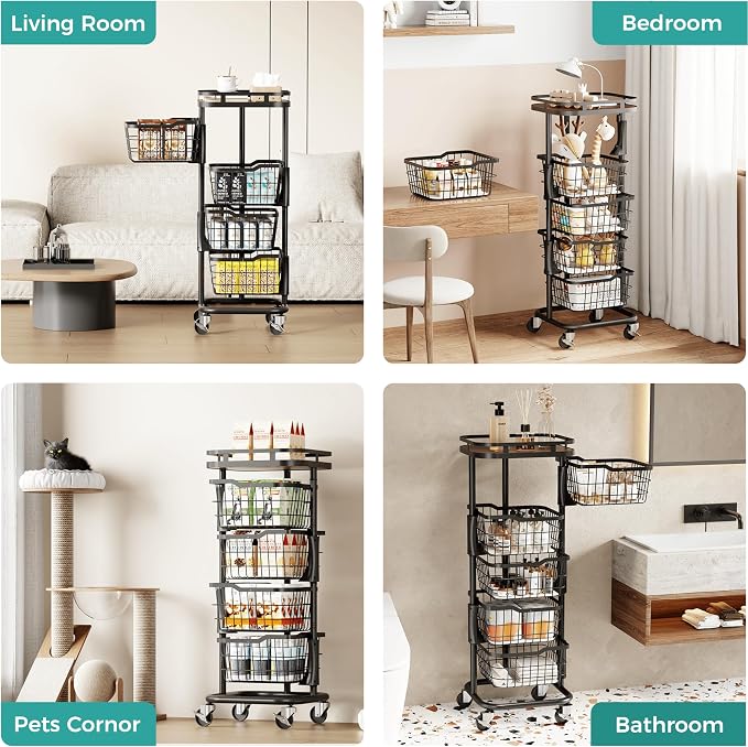 4 Tier Kitchen Fruit Vegetable Storage Cart with One-Piece Rotating Basket, Pantry Organizer Shelf Rack Floor Stand for Veggie Onion Potato Produce Spice, Rolling Snack Cart on Wheels, Black