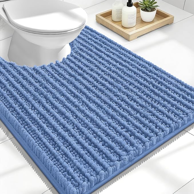 OLANLY Toilet Rugs U Shaped 24x20, Thick Soft and Absorbent Chenille Contour Bath Mat, Non-Slip Rubber Backing, Machine Washable Quick Dry Toilet Mat, Home Decor Accessories, Cornflower Blue