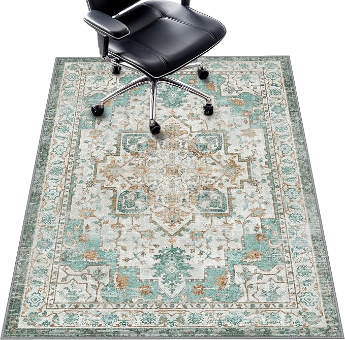 48"x72" Office Chair Mat for Hardwood Tile Floor, Under Desk Carpet Protector for Rolling Computer Chair Mat, Machine Washable Area Rug, Anti-Slip 1/5" Thick Low Pile Thin Vinyl Floor Mat, Cyan
