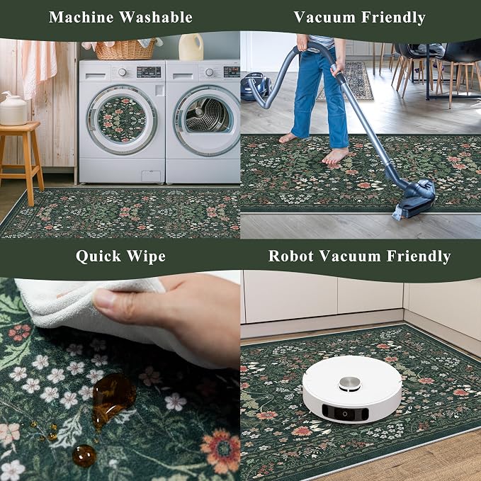 3 Piece Kitchen Rug Set, Washable Non-Slip Kitchen Mats for Hardwood Floor, Boho Farmhouse Kitchen Runner Rug for Sink,Entryway & Hallway & Bathroom (Dark Green, 2x3+2x4+2x5)