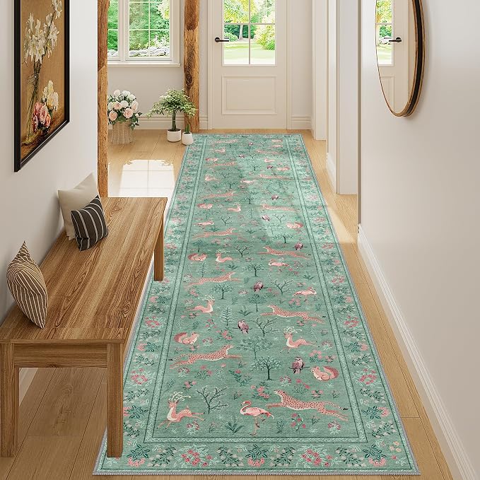 DUKINO Runner Rug, 2x8 Washable Kitchen Rugs for Hallways with Non Slip Backing, Soft Low Pile Vintage Animal Runner for Kitchen, Hallway, Entryway, Laundry, Bedroom, Teal