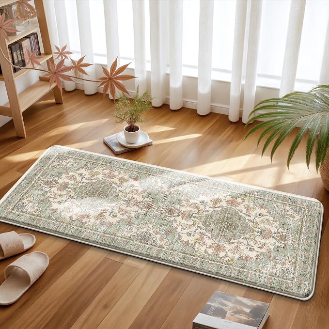 Boho Kitchen Mats for Floor 2 Piece Set Anti Fatigue Cushioned PVC Kitchen Rugs Non Slip Waterproof Farmhouse Mats 2/5 Inch Comfort Standing Mat for Laundry, 17.3"x47"+17.3"x28", Green Orange Beige
