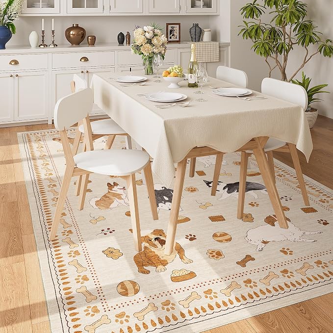 DUKINO 5x7 Rug for Living Room, Lightweight Animal Dog Print Washable Area Rug, Non Slip & Low Pile Floor Mat, Stain Resistant Carpet for Bedroom, Nursery, Dining Room, Kids Playroom, Beige Yellow