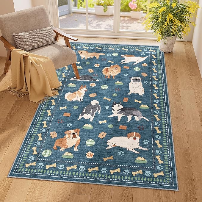 DUKINO 3x5 Area Rug, Lightweight Washable Entryway Rug with Non Slip & Low Pile, Soft Non Shedding Animal Dog Print Pattern Indoor Throw Carpet for Bedroom, Kitchen, Bathroom, Kids Room, Office, Blue