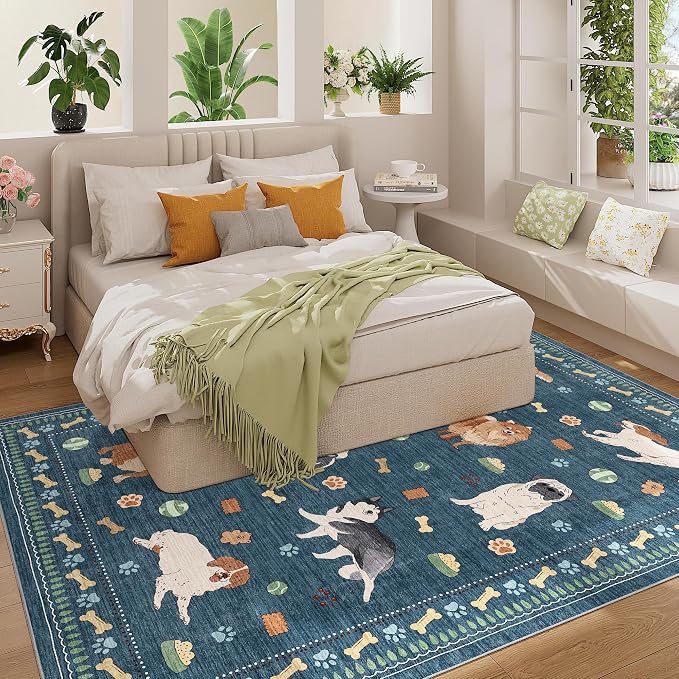 DUKINO 5x7 Rug for Living Room, Lightweight Animal Dog Print Washable Area Rug, Soft Non Slip & Low Pile Floor Mat, Stain Resistant Large Carpet for Bedroom, Nursery, Dining Room, Kids Playroom, Blue