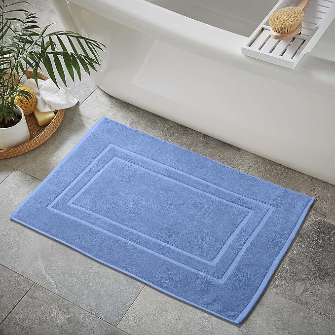 Feather & Stitch 2 Piece Towel Like Bath Mats (30x21 Inch) 100% Cotton Terry Bath Mats, Bathroom Shower Floor Mats [NOT A Bathroom Rug], Soft Absorbent Washable Mats - Faded Denim