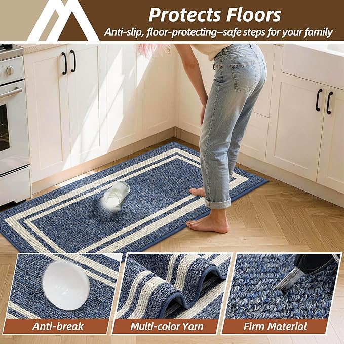 COSY HOMEER Kitchen Rugs Non-Slip 24x35/24x60 Inch Thick Polypropylene Standing Mat for Home Machine Washable, Blue