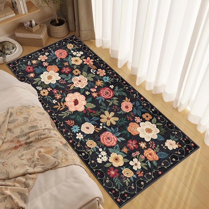 DUKINO 3x6 Runner Rug, Washable Soft Floral Hallway Runner Rug with Non Slip, Low Pile Thin Floor Carpet for Kitchen, Bathroom, Entryway, Laundry, Entryway, Black