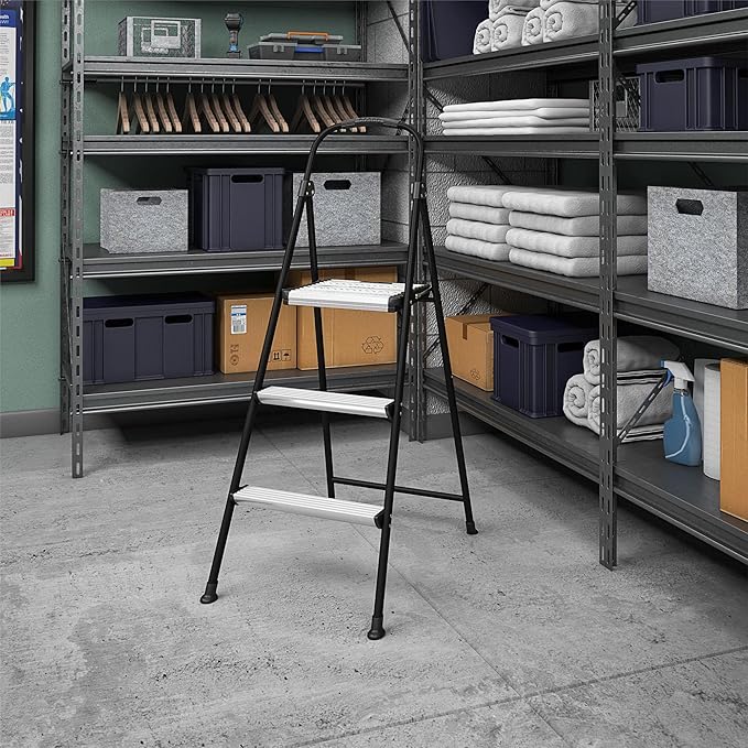 COSCO Lightweight Three-Step Folding Step Stool for Home Use - Large Platform, One-Hand Release, Non-Marring Leg Tips, Aluminum and Steel Frame