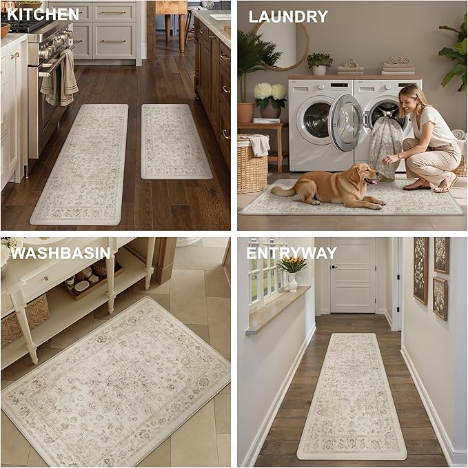 Anti Fatigue Kitchen Mat Beige Neutral Mats for Cushioned Vintage Kitchen Mats for Floor Non-Slip Waterproof Comfort Standing Rug for Sink Laundry Office 17.3"×30"