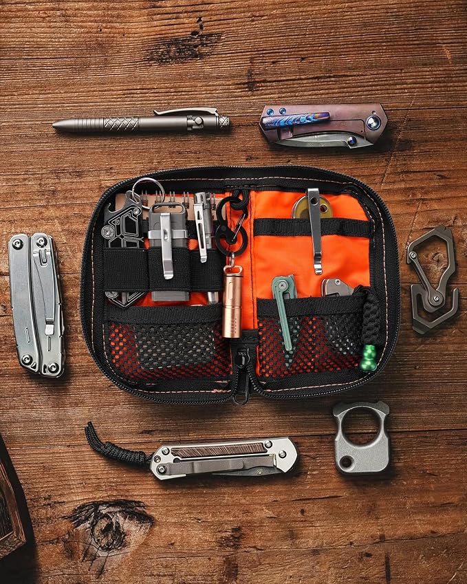 VIPERADE VE10 EDC Pouch Small Pocket Tool Pouch with 10 Compartments, Men's Pocket Organizer for Multitools, EDC Organizer with Patches Area for DIY (X-pac Orange)