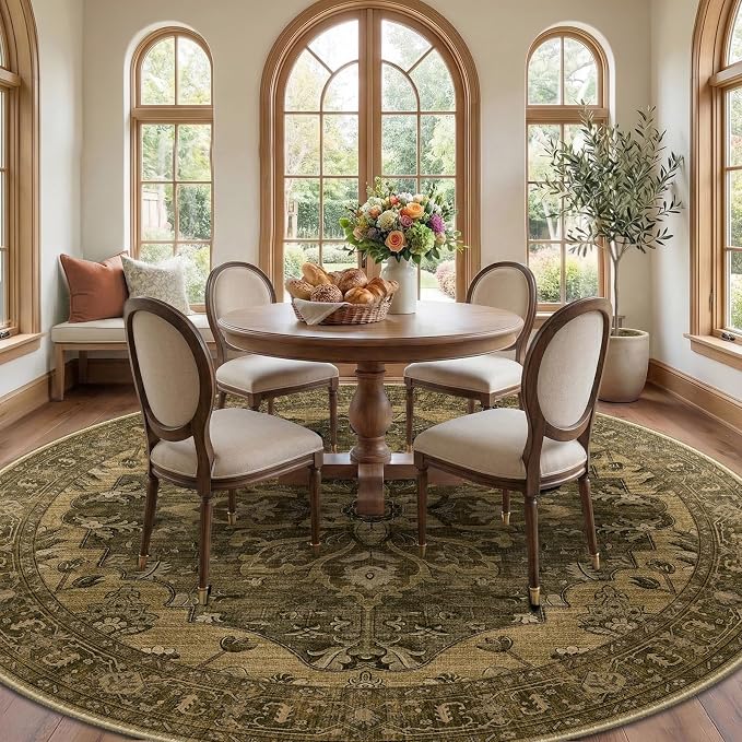 RELEANY Area Rugs Round 8ft Washable Non-Slip, Floral Vintage Distress Medallion Carpet for Living Room Bedroom Dining Room, Brown Dark Brown