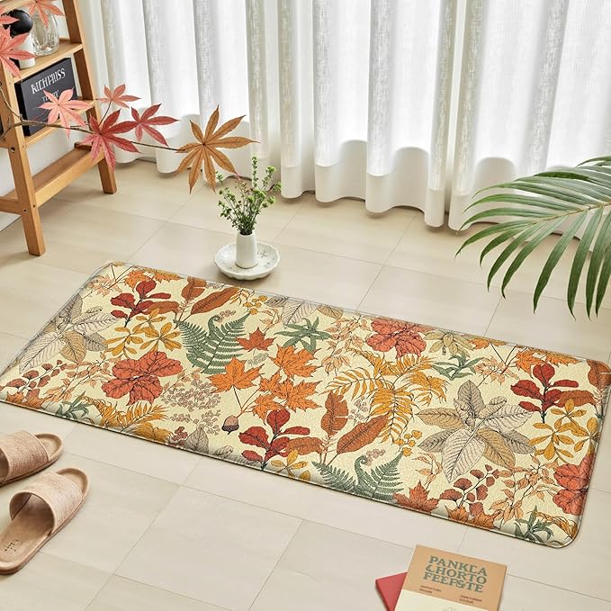 Orange Brown Botanical Kitchen Rugs Set of 2 Fall Maple Anti-Fatigue Kitchen Mat Natural Comfort Standing Waterproof PVC Mats 2/5" Thick Leather Carpet for Laundry Office Sink(17.3"x28"+ 17.3"x47")