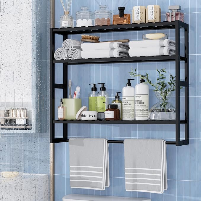 PPN Extra Large Towel Rack Bathroom Storage Shelves Over The Toilet with Towel Bar 100% Bamboo Adjustable Height Floating Shelf Wall Shower Shelf for Small Space Bathroom Kitchen Multi Usage
