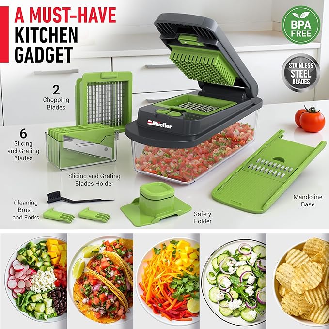 MUELLER HOME Pro-Series 10-in-1, 8 Blade Vegetable Chopper, Onion Mincer, Cutter, Dicer, Egg Slicer with Container, French Fry Cutter Potato Slicer, Home Essentials, Salad Chopper,Gray/Green