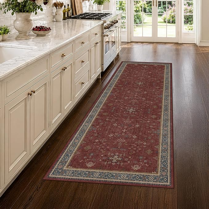 Washable 3x8 Entry Way Rugs Indoor - Burgundy Large Kitchen Rug, Non Slip Unique Bohemian Red Low Pile Thin Carpet for Bedroom Bedside, Foyer