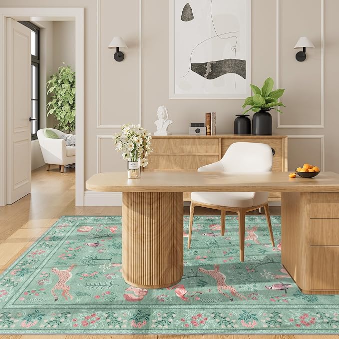 DUKINO 4x6 Rug, Washable Animal Area Rug with Non Slip Vintage Design, Indoor Soft Low Pile Carpet for Bedroom, Nursery, Dining Room, Farmhouse, Playroom, Teal