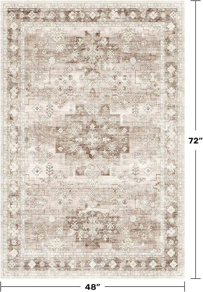 Hazo Haus Washable Neutral Farmhouse Living Room Rug, 4x6 Area Rugs for Bedroom, Nursery Room, Boho Vintage Floral Non-Slip Rug Low Pile Stain Resistant (4x6 Beige/Latte)
