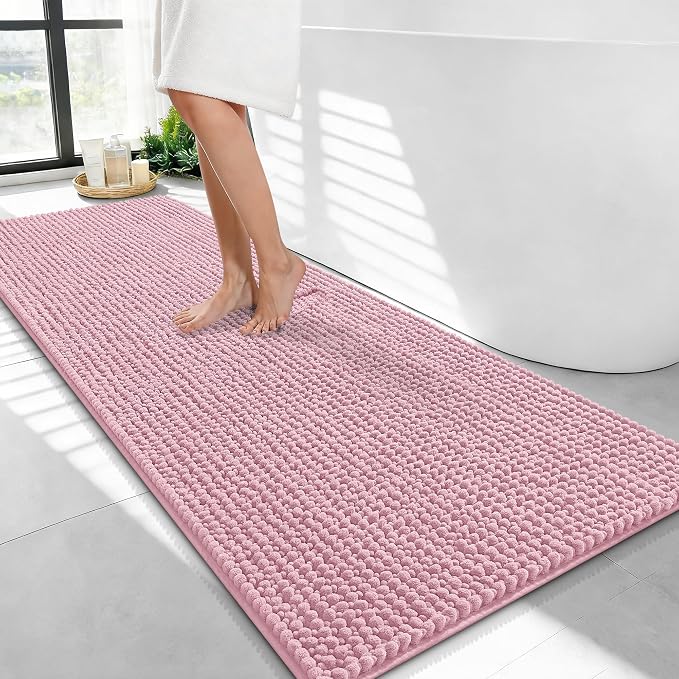 OLANLY Thick Bathroom Runner Rugs 47x24, Extra Soft Absorbent Chenille Bath Rugs, Rubber Backing, Machine Wash Dry, Long Bath Mats for Bathroom, Tub and Shower, Home Decor Accessories, Dusty Rose