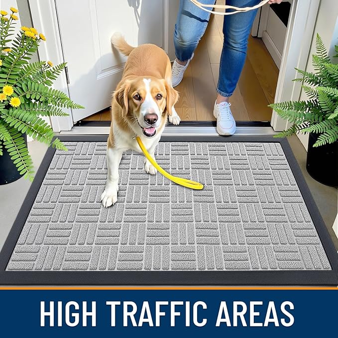 OLANLY Front Door Mat Outside Entrance 59x34, Absorbent, Heavy Duty Sturdy Natural Rubber Doormat Indoor Outdoor, Non-Slip, Stain and Fade Resistant, Low Profile Floor Mat for Entryway, Light Gray