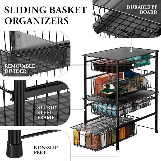 Simple Houseware Stackable Sliding Basket Organizer Drawer, Black, 2-Tier