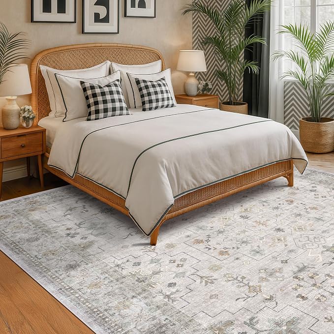 Hazo Haus Light Gray 8x12 Large Area Rugs for Living Room - Oriental Rug for Bedroom Under Bed, Dining Room Under Kitchen Table, Washable Soft Non Slip Unique Indoor Décor