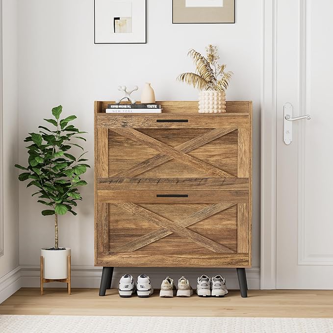 Homleke 32" W Farmhouse Shoe Storage Cabinet with 2 Flip Drawers and Barn Door Design, Adjustable Shelves, Hidden Slim Narrow Shoe Rack Cabinet for Entryway, Foyer, Hallway, Living Room, Rustic Walnut