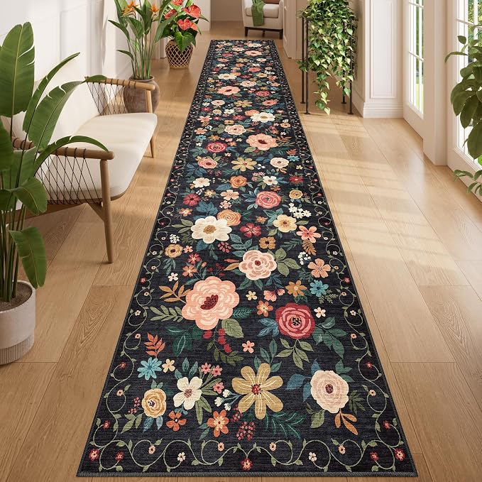 DUKINO 2x14 Runner Rug, Floral Long Washable Boho Kitchen Runner Rug with Non Slip Backing, Soft Non Shedding & Low Pile Carpet for Bedroom, Entrance, Laundry, Bathroom, Black