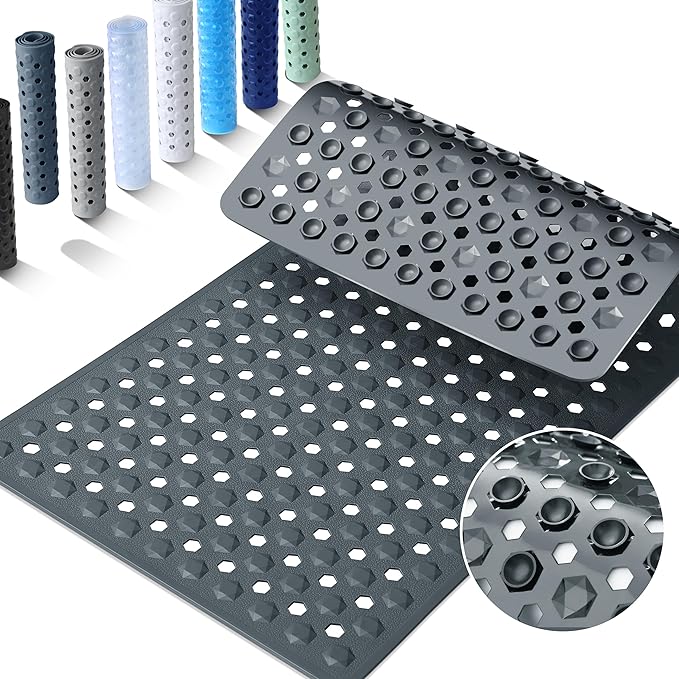 Yimobra Bathtub Mat Non Slip, 34.5"X15.5" Long Shower Mat for Inside Shower, Machine Washable Bath Mat with Drain Holes & Strong Suction Cups, Soft on Feet, Bathroom Essentials, Dark Grey