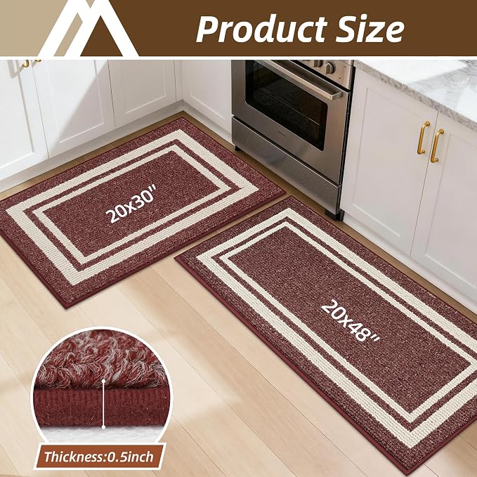 COSY HOMEER Kitchen Rugs Non-Slip 20" x30/20 x48 Inch Thick Polypropylene Standing Mat for Home Machine Washable, Red Frame