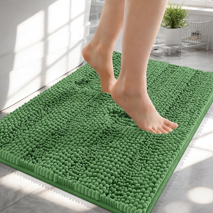 OLANLY Thick Small Bathroom Rugs 24x16, Extra Soft Absorbent Chenille Striped Bath Rugs, Rubber Backing, Machine Wash, Bath Mats for Bathroom Floor, Tub and Shower, Home Decor Accessories, Olive Green