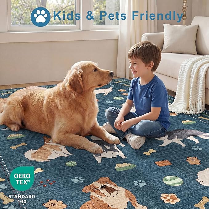 DUKINO 8x10 Area Rug, Non Slip Washable Animal Dog Rug for Living Room, Stain Resistant & Low Pile Indoor Floor Large Carpet for Bedroom, Farmhouse, Nursery, Dining Room, Kids Playroom, Blue