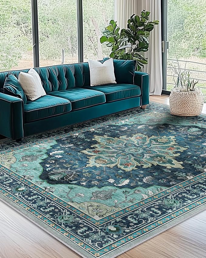 RELEANY Area Rugs 7'x9' Washable Non-Slip, Floral Vintage Distress Medallion Carpet for Living Room Bedroom Dining Room, Teal Green Lake Blue Turquoise