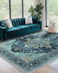 RELEANY Area Rugs 7'x9' Washable Non-Slip, Floral Vintage Distress Medallion Carpet for Living Room Bedroom Dining Room, Teal Green Lake Blue Turquoise