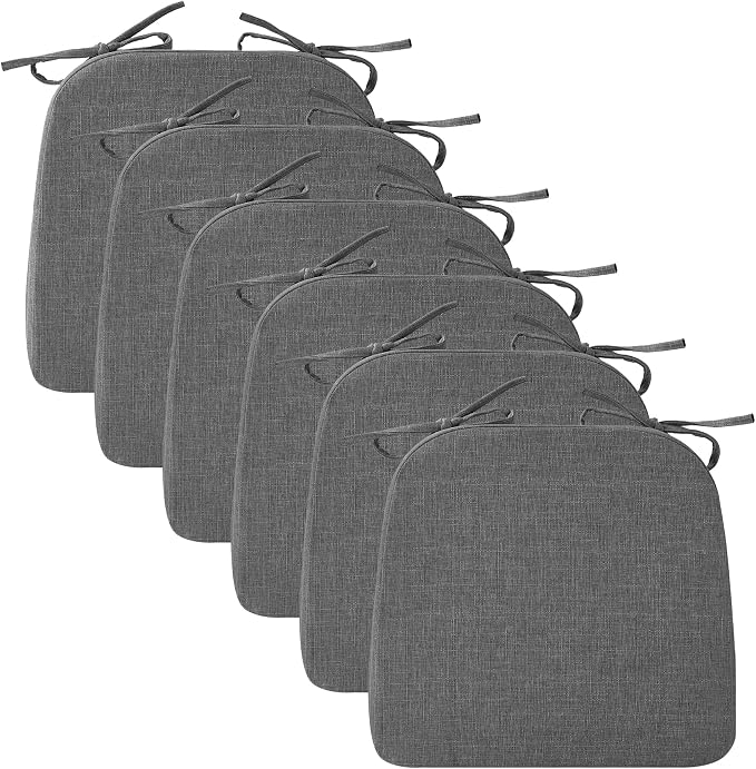 Ruqmuis Chair Cushions for Dining Chairs, 2" Thick Seat Cushions for Kitchen Chairs, D-Shaped Chair Pads with Washable Cover, Ties and Non Slip Backing, 17'' x 16'', Set of 6, Dark Grey