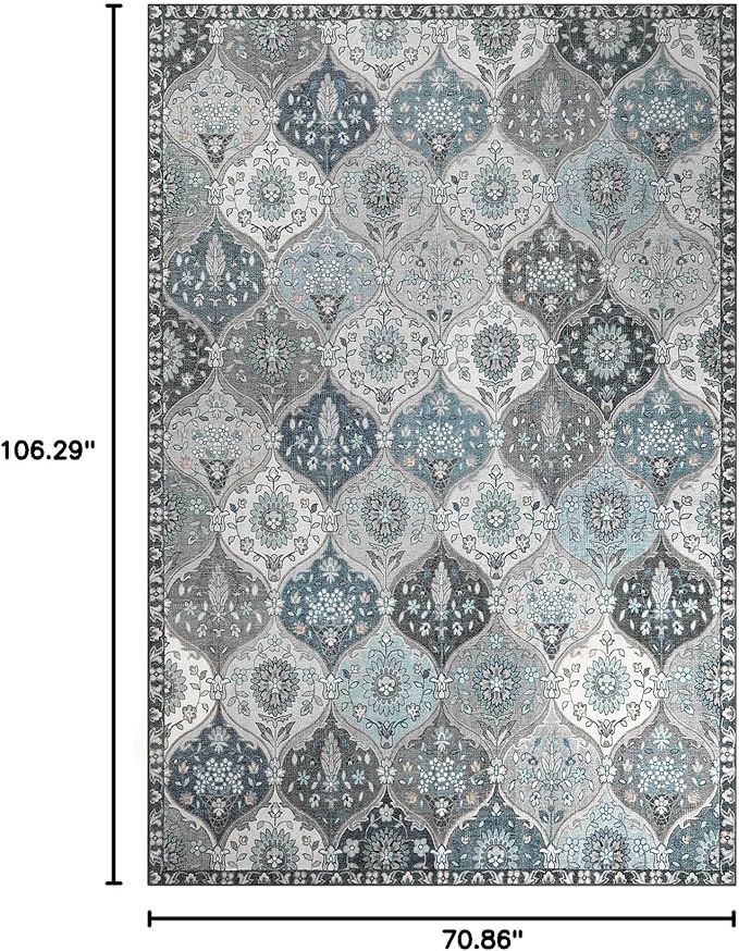 Lahome Moroccan Washable Area Rug 6x9, Ultra-Thin Large Living Room Rugs for Bedroom, Oriental Trellis Distressed Non Shedding Throw Carpet for Dining Room Office Elise, Blue