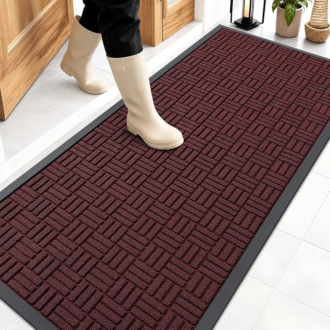 OLANLY Front Door Mat Outside Entrance 59x23, Absorbent, Heavy Duty Sturdy Natural Rubber Doormat Indoor Outdoor, Non-Slip, Stain and Fade Resistant, Low Profile Floor Mat for Entryway, Burgundy