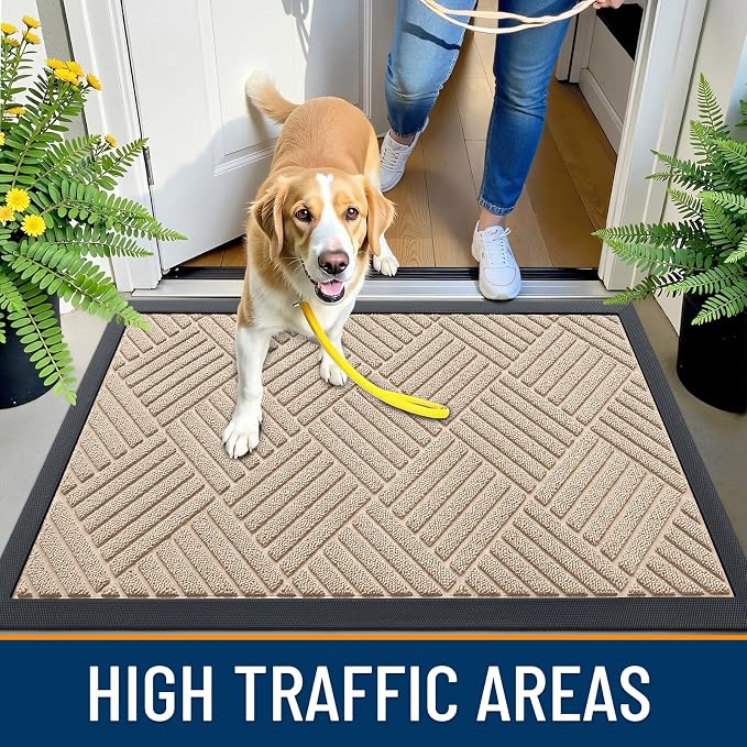 OLANLY Front Door Mat Outside Entrance 29.5x17, Absorbent, Heavy Duty Sturdy Natural Rubber Doormat Indoor Outdoor, Stain Fade Resistant, Non-Slip Low Profile Floor Mat Entryway, Latte White Diamond