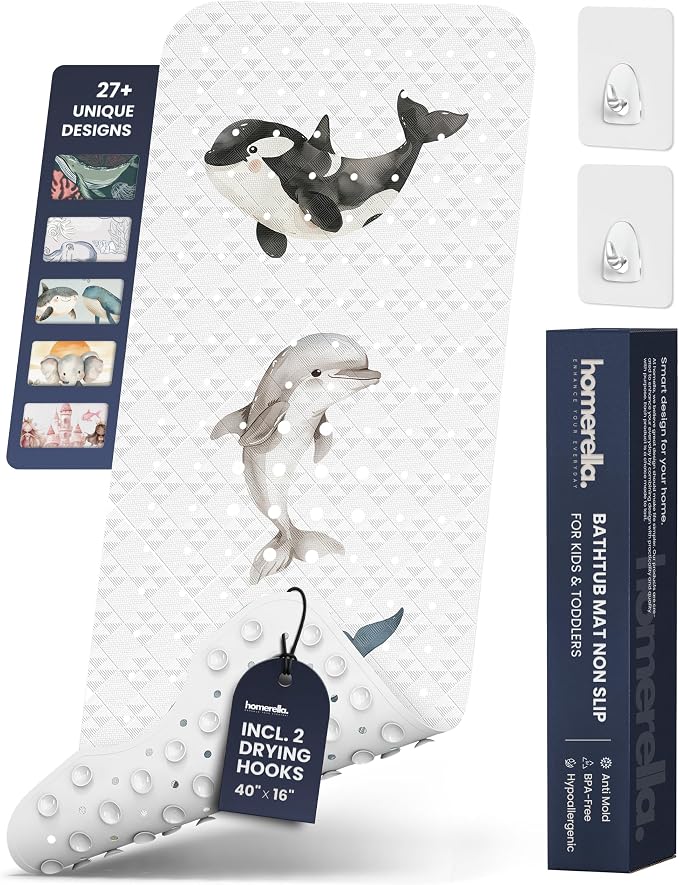 Bathtub Mat Non Slip Anti Mold for Kids 40x16 - homerella® Bath Mat for Tub, BPA Free, Incl. 2 Hooks, Washable Shower Mat Non Slip Anti Mold, Shower Mats for Inside Shower, EU Certified