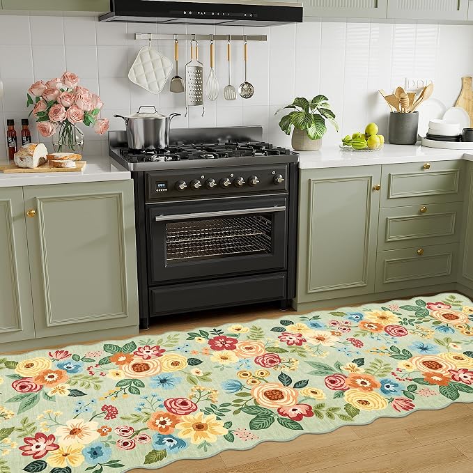 DUKINO 2.6x10 Runner Rug for Hallway, Lightweight Washable Floral Kitchen Rug with Non Shedding, Soft Low Pile & Non Slip Backing Boho Runner for Entryway, Bathroom, Laundry, Bedroom, Green