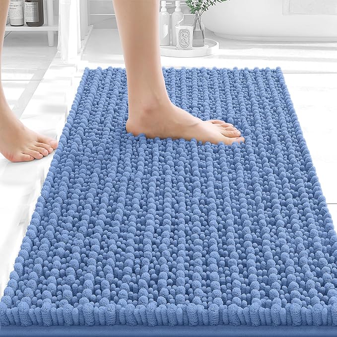 OLANLY Bathroom Rug Mat 24x16, Thick Soft and Absorbent Chenille Bath Mat, Non-Slip Rubber Backing, Machine Washable Quick Dry Bath Rugs for Tub Shower Floor, Home Decor Accessories, Cornflower Blue
