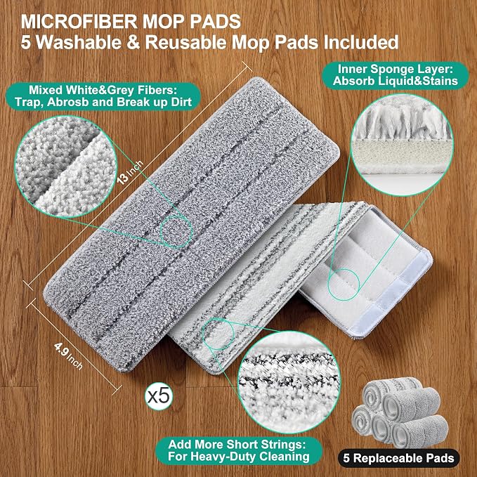 JOYMOOP Flat Mop System, Microfiber Mop and Bucket Set, White, Floor Cleaning for Home & Commercial Use, Wet Dry Mop for Hardwood Floors, Long Handle, Includes 5 Washable Pads