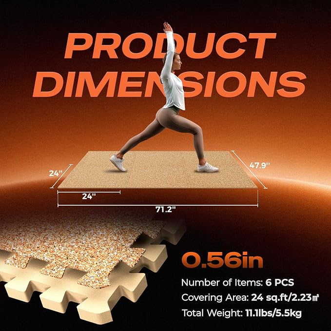 SUPERJARE 0.56'' Thick 6 Pcs 24 Sq Ft Rubber Top Exercise Equipment Mats, High Density EVA Foam Mats with Rubber Top, Interlocking Gym Flooring for Home Gym, Protective Workout Mat, Wood