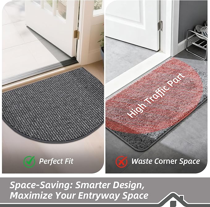 BEQHAUSE Dirt Trapper Door Mat 32" x 48" Half Circle Non-Slip Washable Doormats Entrance Rugs Absorbent Welcome Low Profile Floor Mats for Front Back Door and Entryway, Charcoal