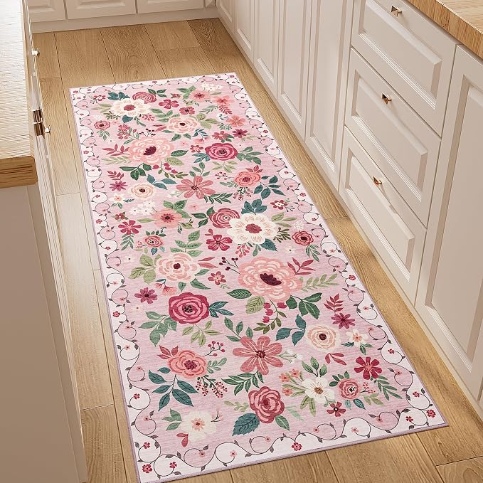 DUKINO 2x5 Runner Rug for Hallway, Washable Kitchen Floral Runner Rug with Non Slip Backing, Low Pile Soft Boho Carpet for Kitchen, Hallway, Entryway, Laundry, Bedroom, Pink
