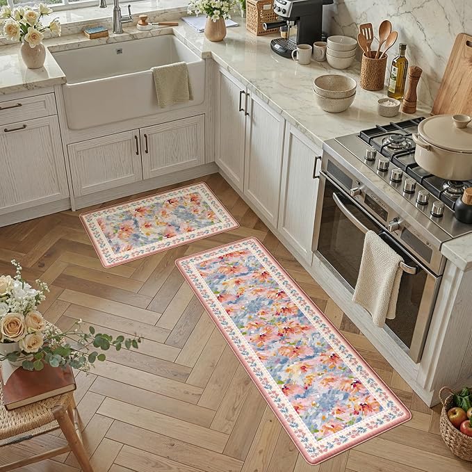 Anti Fatigue Kitchen Mats 2PCS Thick Non Slip Cushioned Rugs Pink Abstract Floral Waterproof Comfort Standing Mats for Floor Sink Laundry Office 17.3"×47"+17.3"×30"